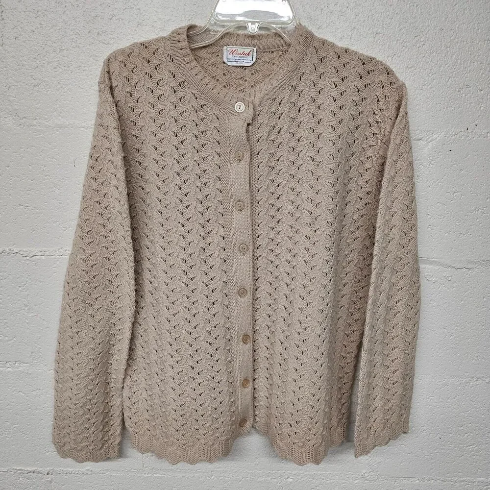 Vintage Wintuk Medium Cardigan Womens Beige Open Knit Eyelet Lightweight Grandma